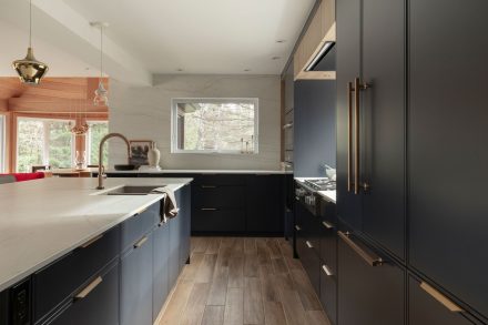 Modern open-concept kitchen with quartz island and brass accents.